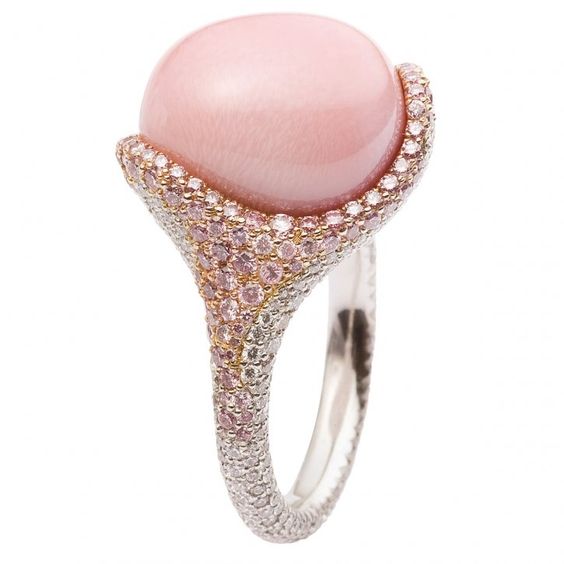 pink wedding ring with diamonds and pearls