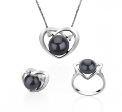 7-10mm AA Quality Freshwater Cultured Pearl Set in Katie Heart Black